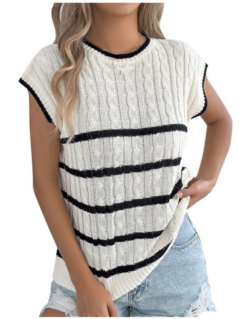 Striped Cable Knit Sleeveless Top - Black & White NWOT